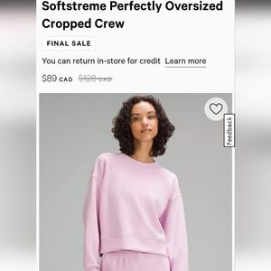 NWOT Lululemon softstreme perfectly oversized cropped crew in Vitapink size 6